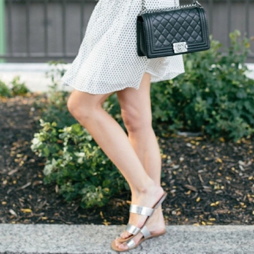J. Crew Malta Mirror Metallic‎ Silver Double Banded Strappy Sandals 10